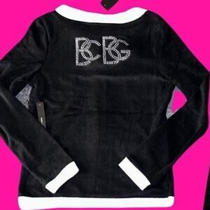 BCBG BLACK & WHITE TERRYCLOTH BLING RHINESTONE LOGO MEDIUM ZIP UP SWEATSHIRT NWT